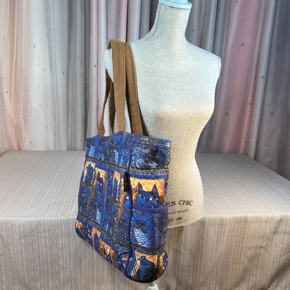 Laurel Burch Indigo Cats Patchwork Zippered Top Medium Tote - Picture 2 of 12